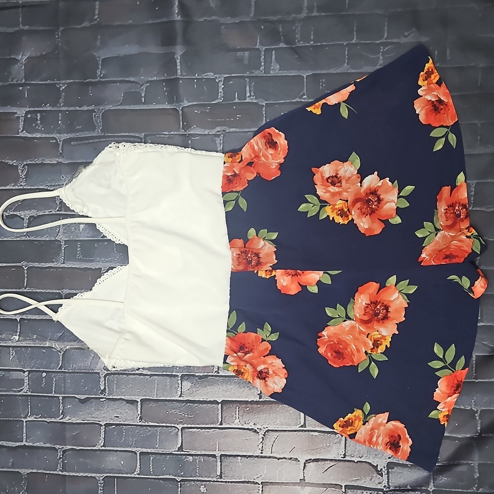 O’Delilah Floral Lace Cami Romper Navy Blue Orange White S NWT - Picture 2 of 8